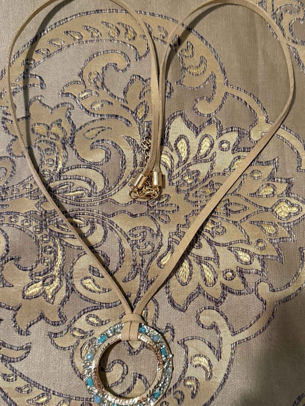 24” Long Gold-Tone Circle Pendant Necklace with Blue Crystal Accents - Picture 3 of 3